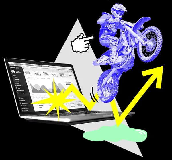 Collage: a motocross rider jumping out of a laptop showing a dashboard